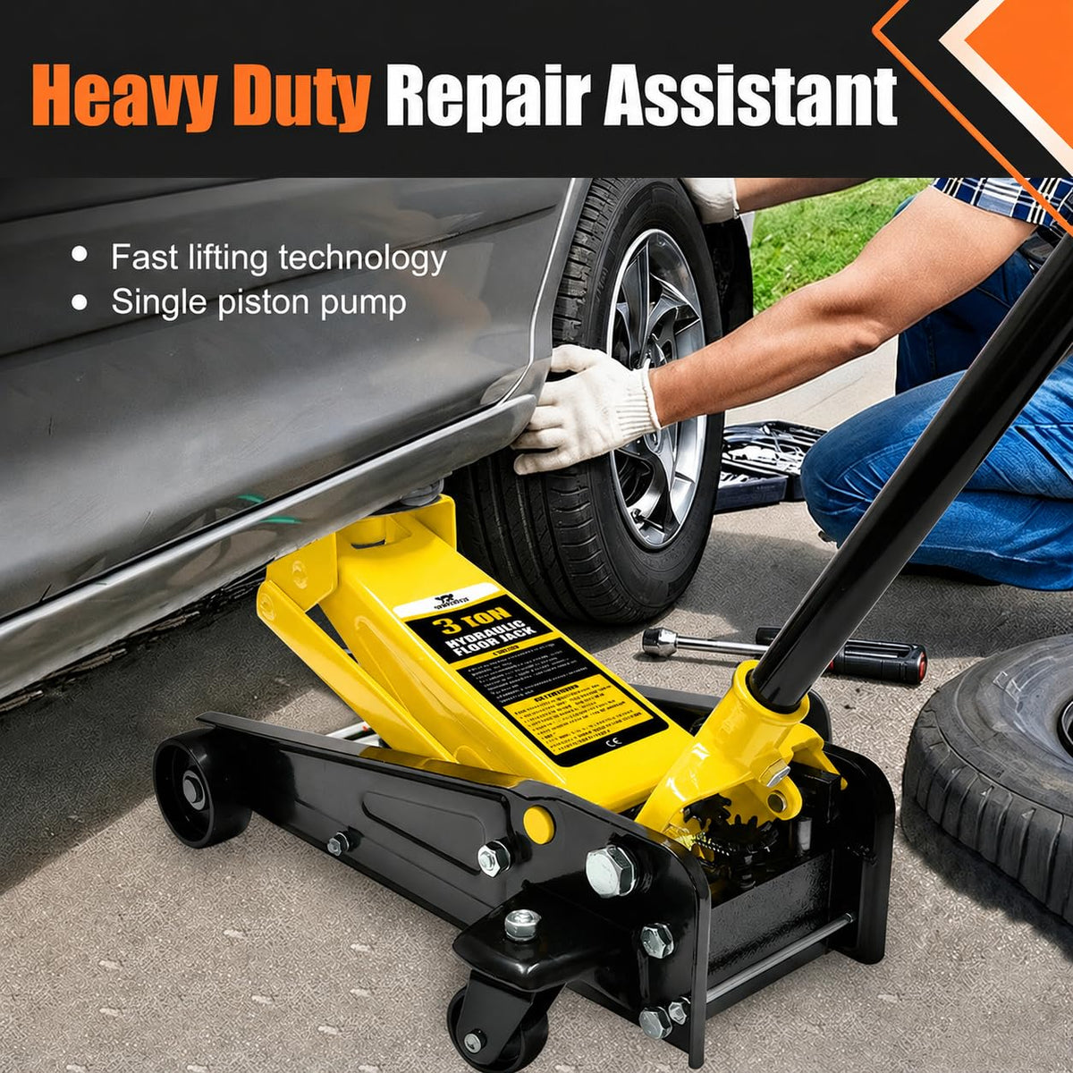 3 Ton Low Profile Steel Racing Floor Jack with Dual Pistons Quick Lift Pump K932866