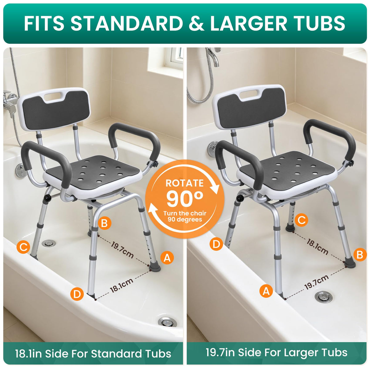 Swivel Shower Chair with Arms & Back, Heavy Duty Non-Slip Rotating Shower Bench Seat M490773