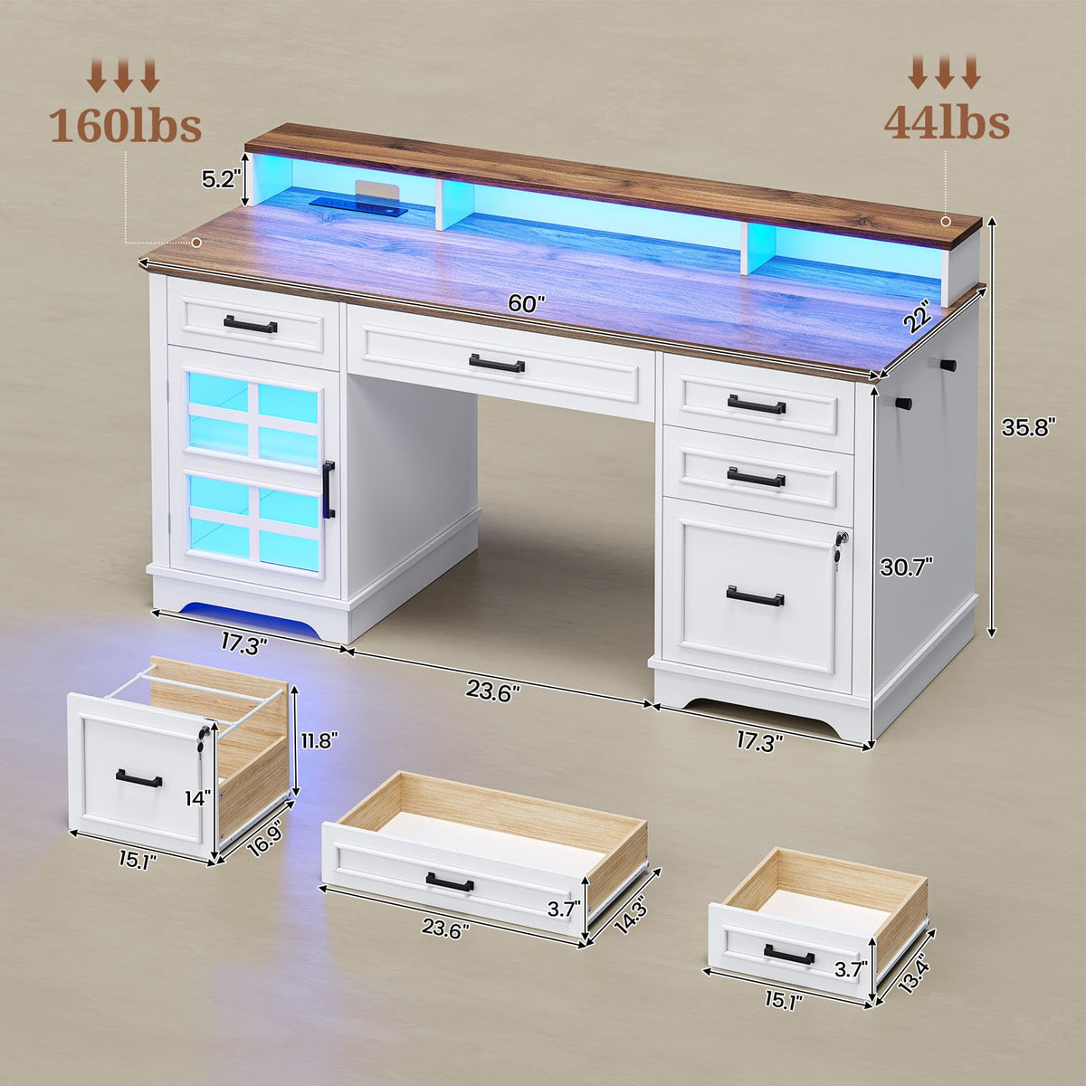 White Wood Executive Desk with Drawers and Storage Cabinet I556