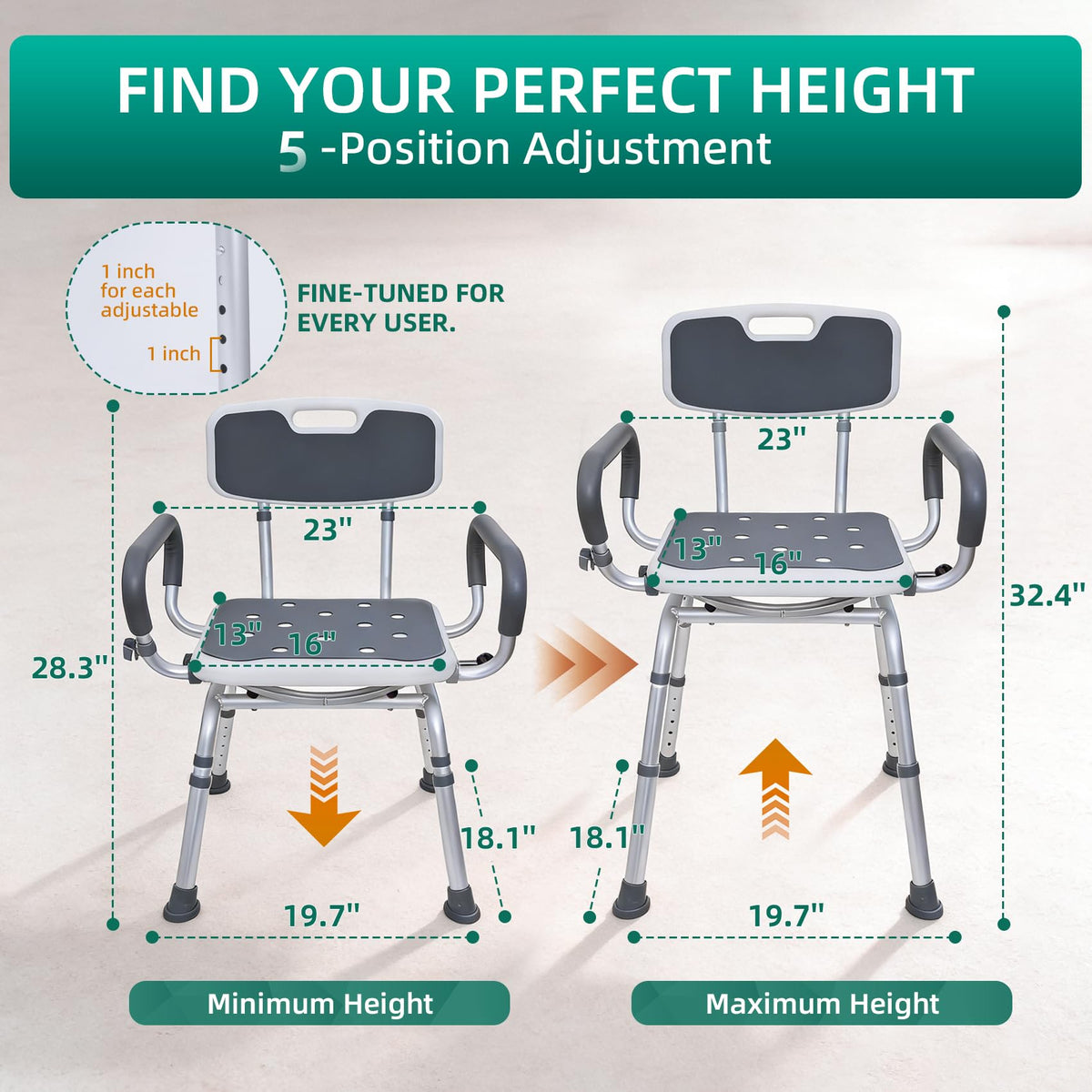Swivel Shower Chair with Arms & Back, Heavy Duty Non-Slip Rotating Shower Bench Seat M490773