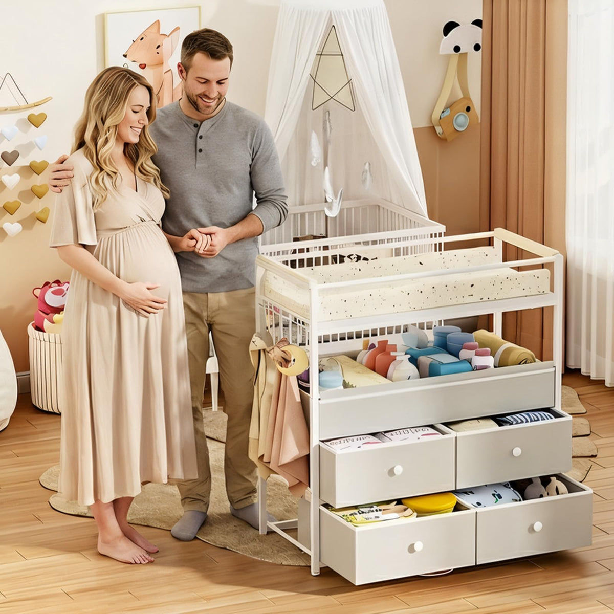 Baby Diaper Changing Table Dresser with Safety Bumper and 4 Drawer X933866