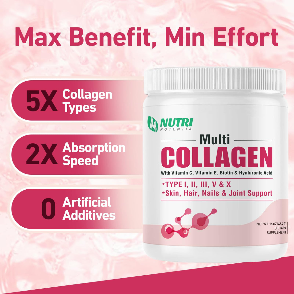 Multi Collagen Peptides Powder with Vitamin C, E & Hyaluronic Acid, Unflavored, 45 Servings B52708
