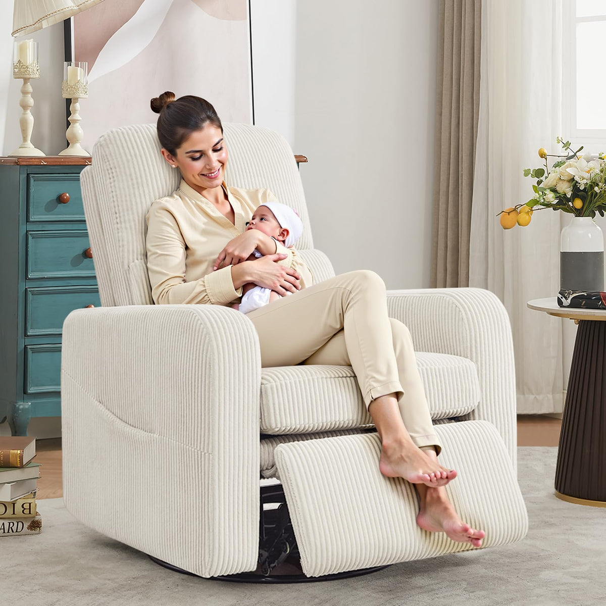 Oversized Corduroy Swivel Rocker Recliner Chair L298388