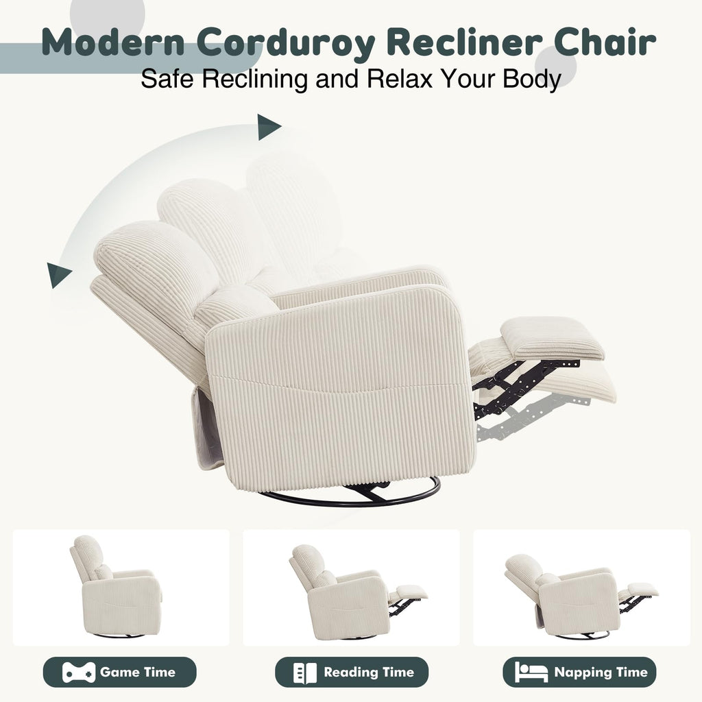 Oversized Corduroy Swivel Rocker Recliner Chair L298388