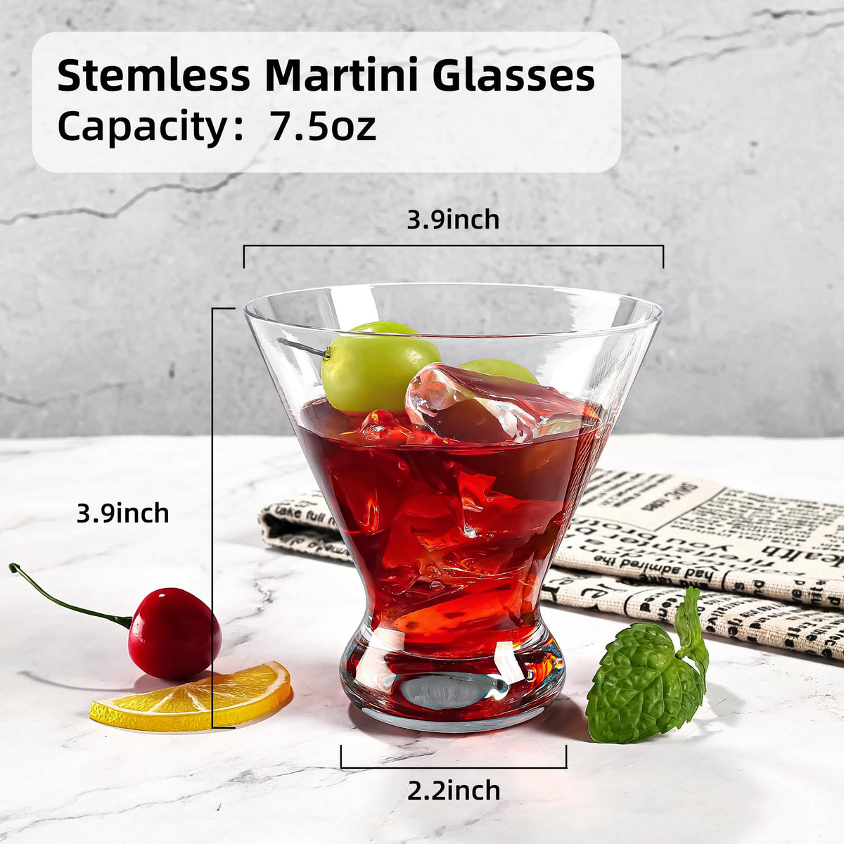 Stemless Martini Glasses Set of 12, 7.5 oz N260