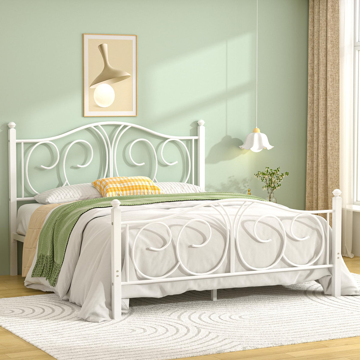 Full Size Pure White Metal Platform Bed Frame with Headboard and Footboard T575