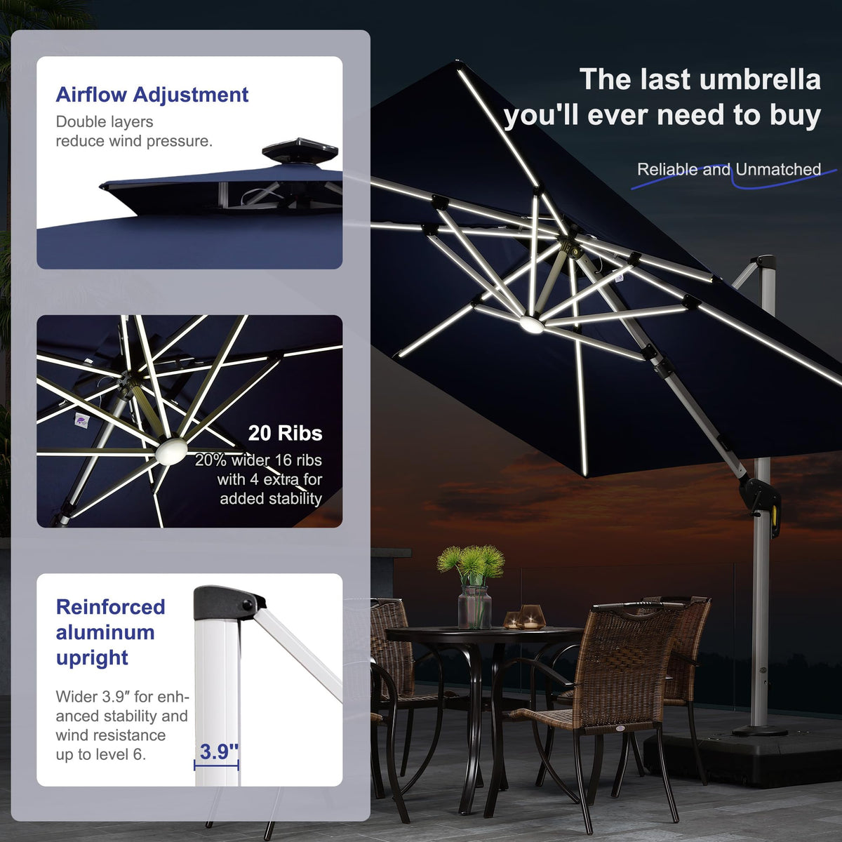 12'X12' Double Top Solar LED Light Patio Umbrella M292256