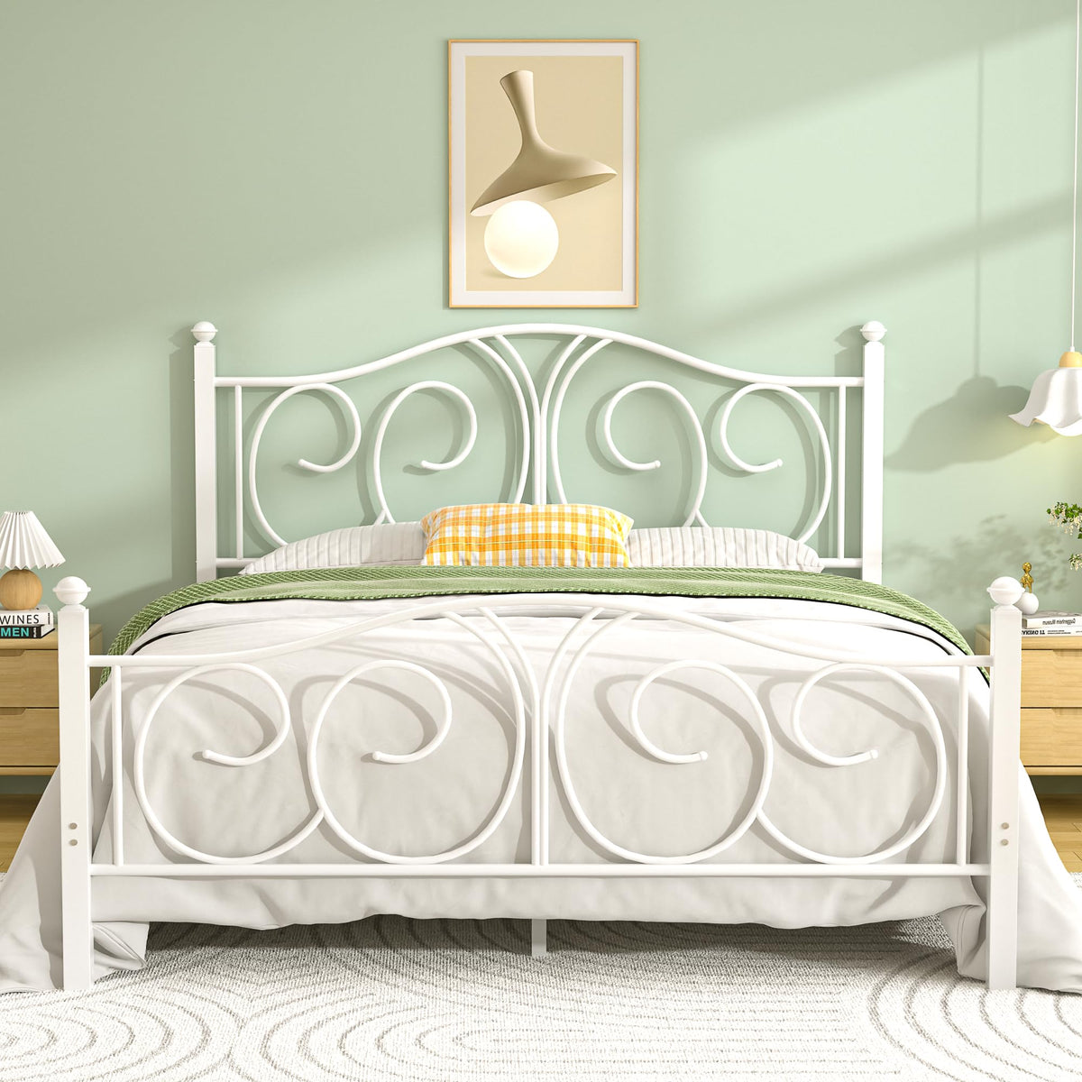 Full Size Pure White Metal Platform Bed Frame with Headboard and Footboard T575