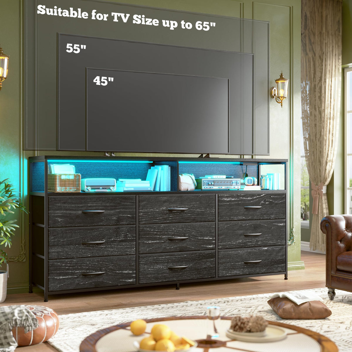 55" W 9 Drawer Dresser with LED and Power Outlets F243026
