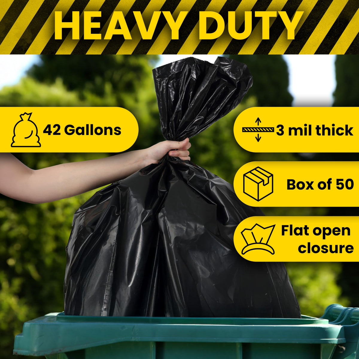 50-Count 42 Gal 3 Mil Contractor Trash Bags, Black N42895