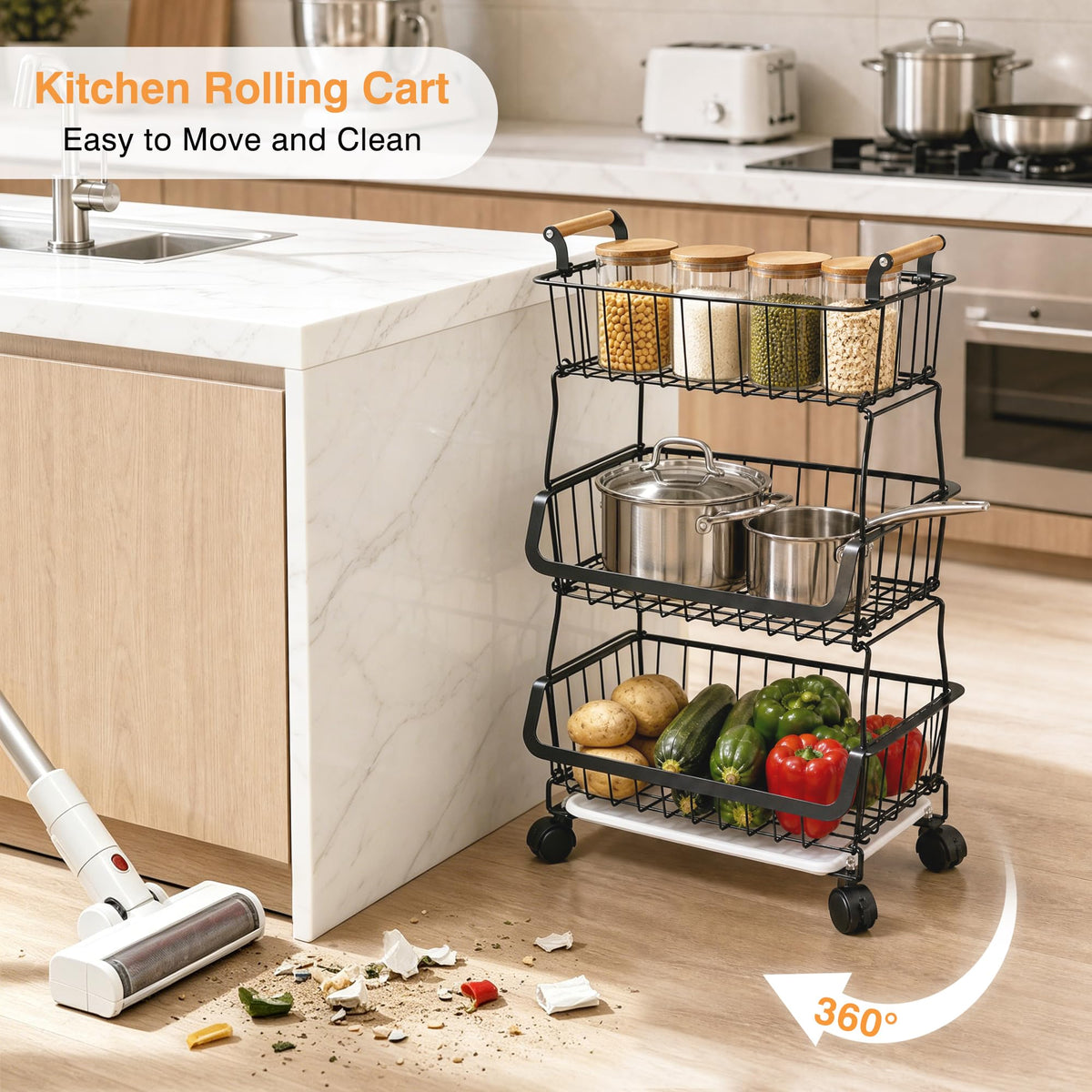 3-Tier Fruit Basket with Wheels W668