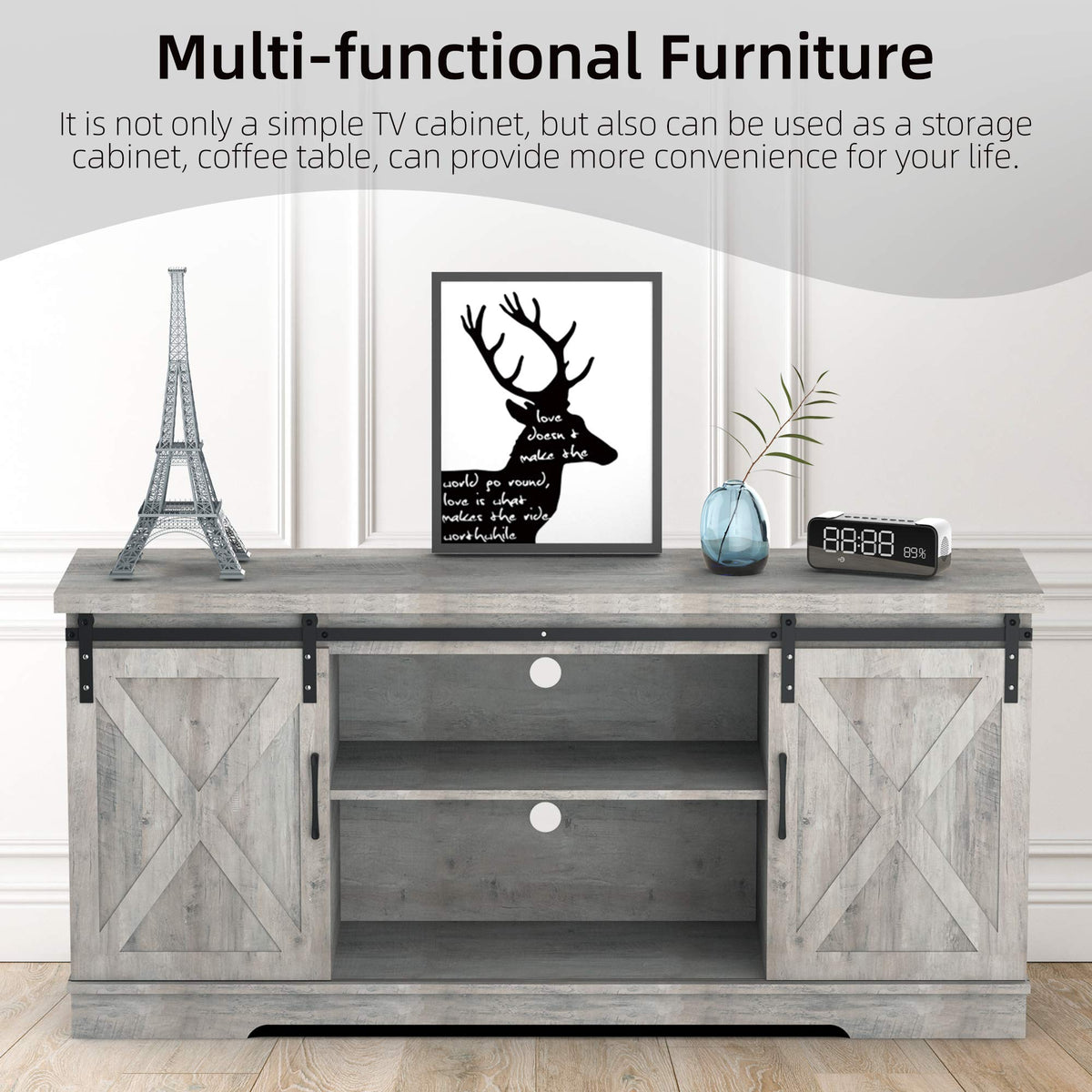 65 Inch Oak TV Stand with Storage Cabinet I56783