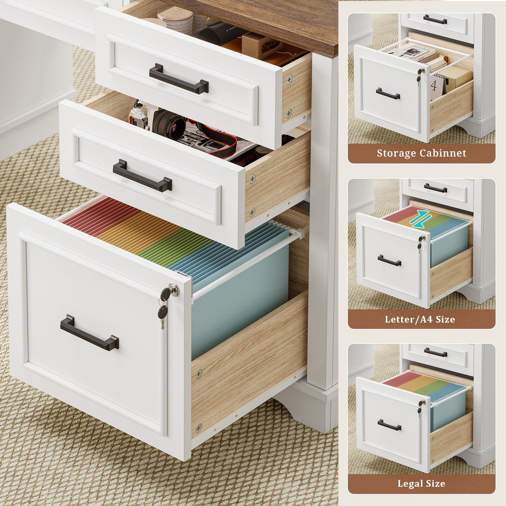 White Wood Executive Desk with Drawers and Storage Cabinet I556