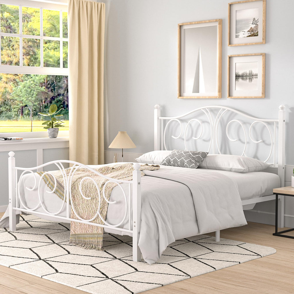 Full Size Pure White Metal Platform Bed Frame with Headboard and Footboard T575
