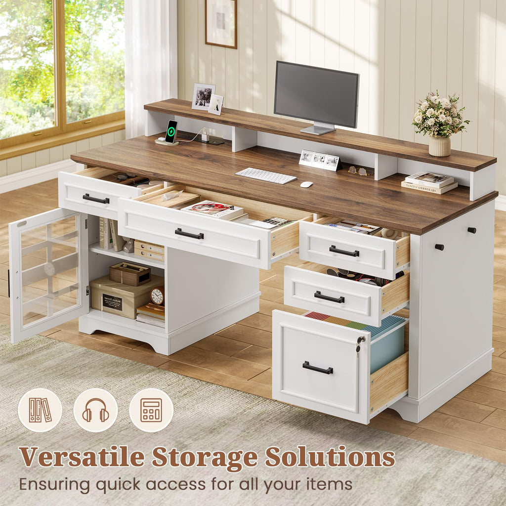 White Wood Executive Desk with Drawers and Storage Cabinet I556