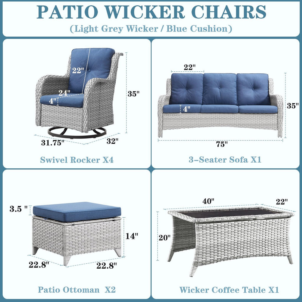 8 Piece Wicker Patio Furniture Set with Swivel Rocker Chairs and Coffee Table I92817
