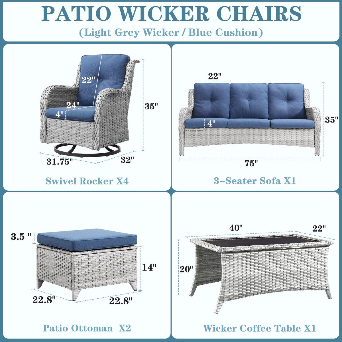 8 Piece Wicker Patio Furniture Set with Swivel Rocker Chairs and Coffee Table I92817