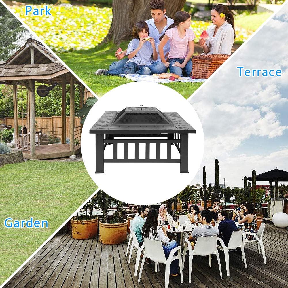 32in Square Metal Wood Burning Fire Pit with Spark Screen L56457