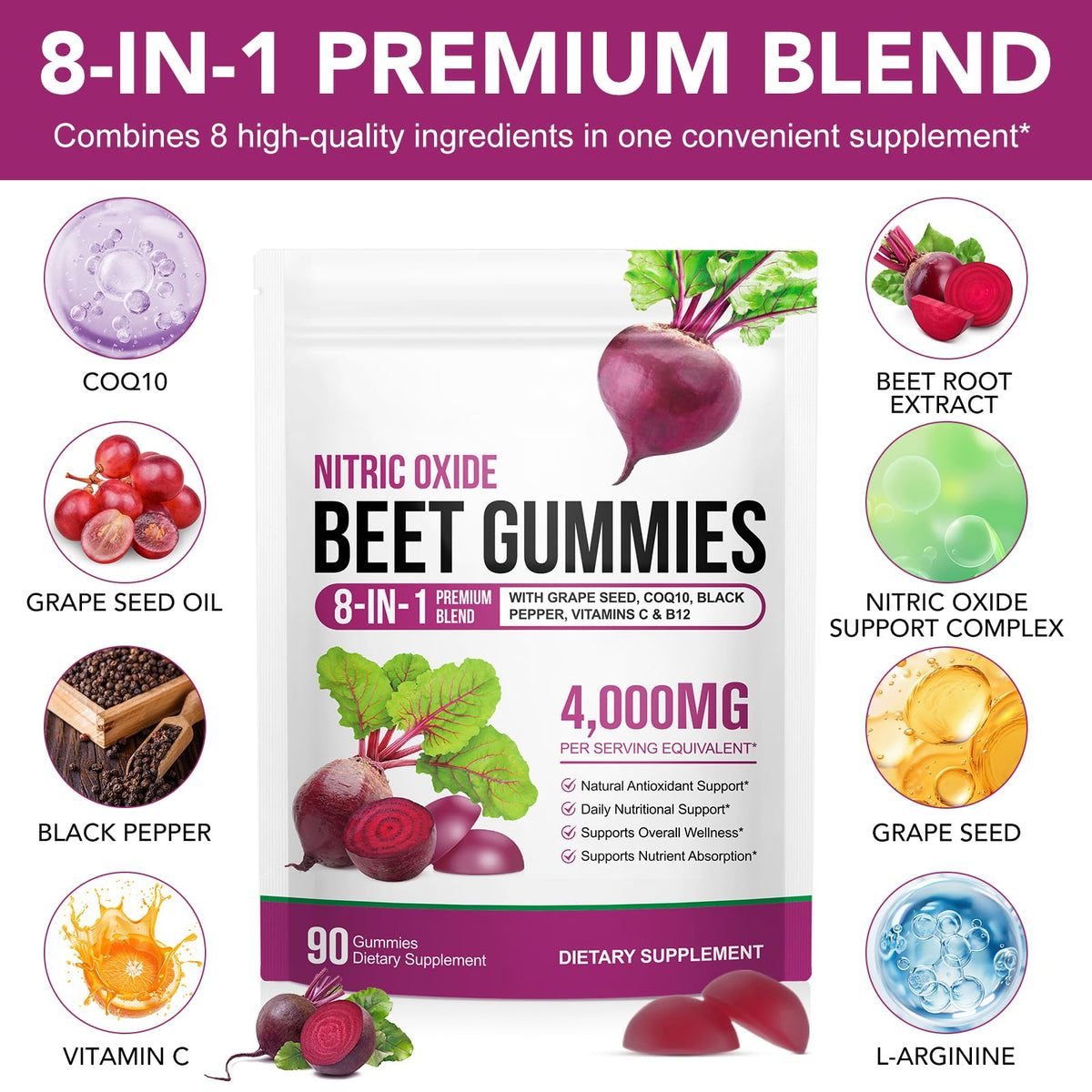 Sugar Free Beet Root Gummies with CoQ10, Grapeseed Extract, Vitamin B12, C K7776