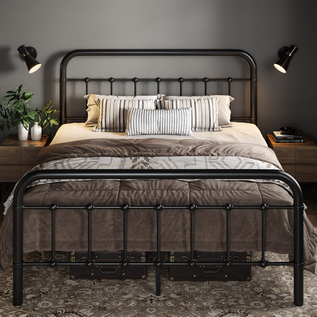 Full Metal Bed Frame with Victorian Iron-Art Headboard, Black Q9303