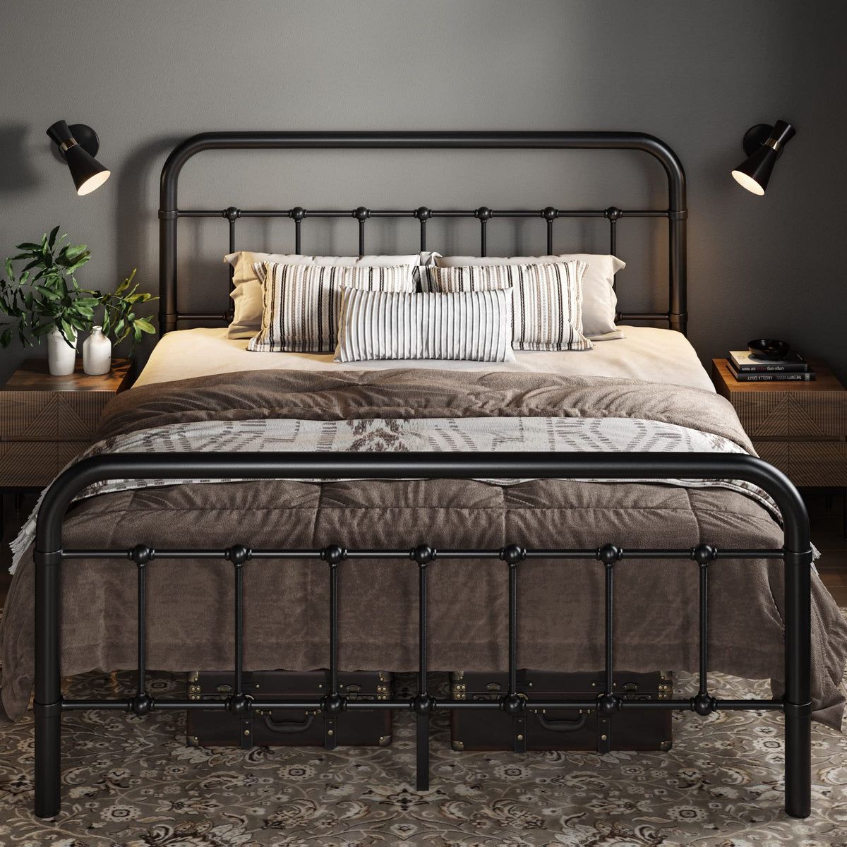 Full Metal Bed Frame with Victorian Iron-Art Headboard, Black Q9303