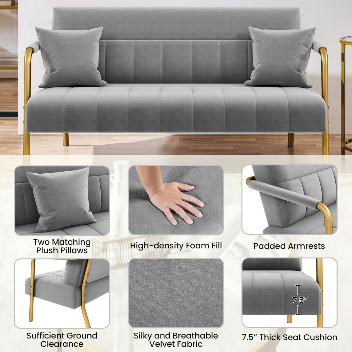 Light Gray 2 Seater Sofa with Gold-Tone Legs Y772749