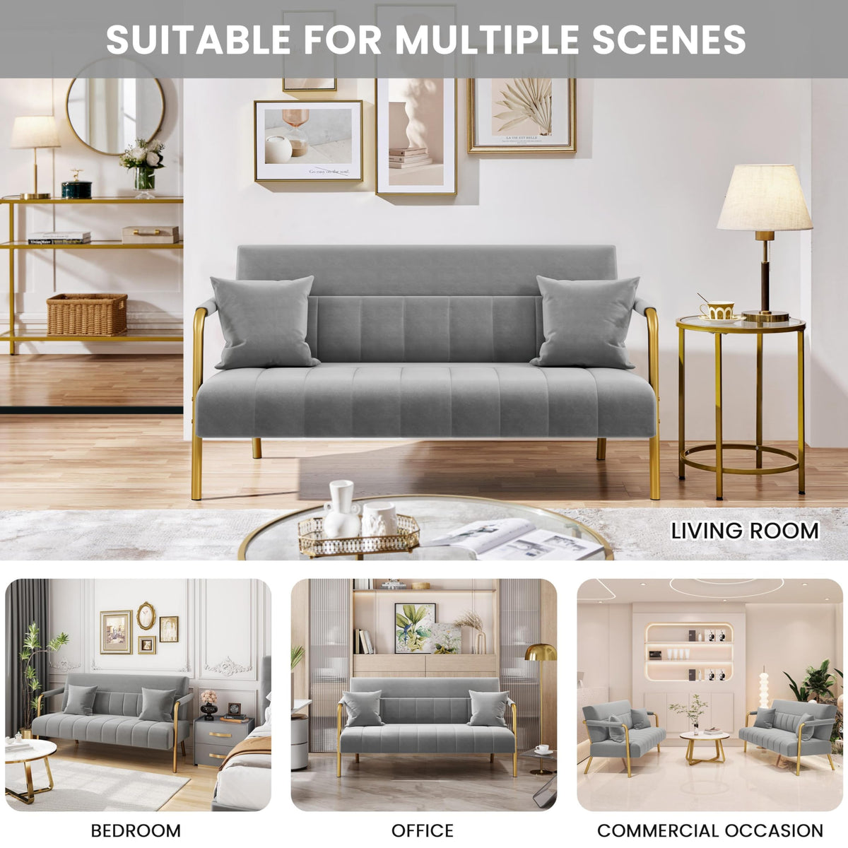 Light Gray 2 Seater Sofa with Gold-Tone Legs Y772749