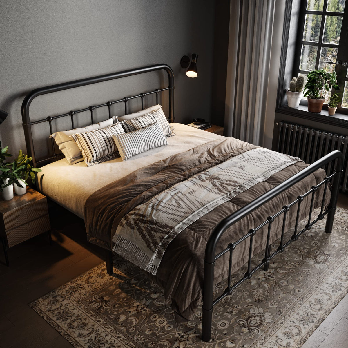 Full Metal Bed Frame with Victorian Iron-Art Headboard, Black Q9303