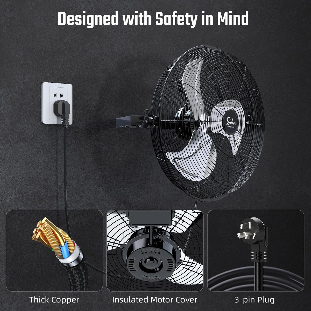 20 Inch 3 Speed Black Wall-Mount Fan G104