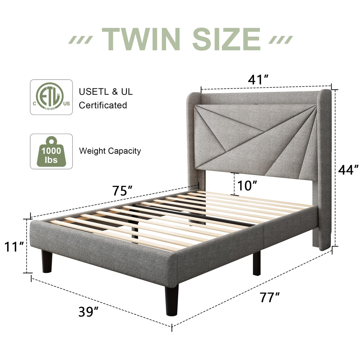 Light Gray Upholstered Twin Bed Frame with Storage Headboard T3443