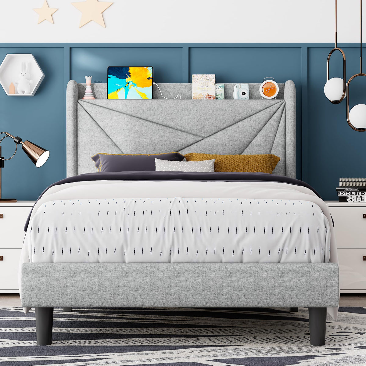 Light Gray Upholstered Twin Bed Frame with Storage Headboard T3443