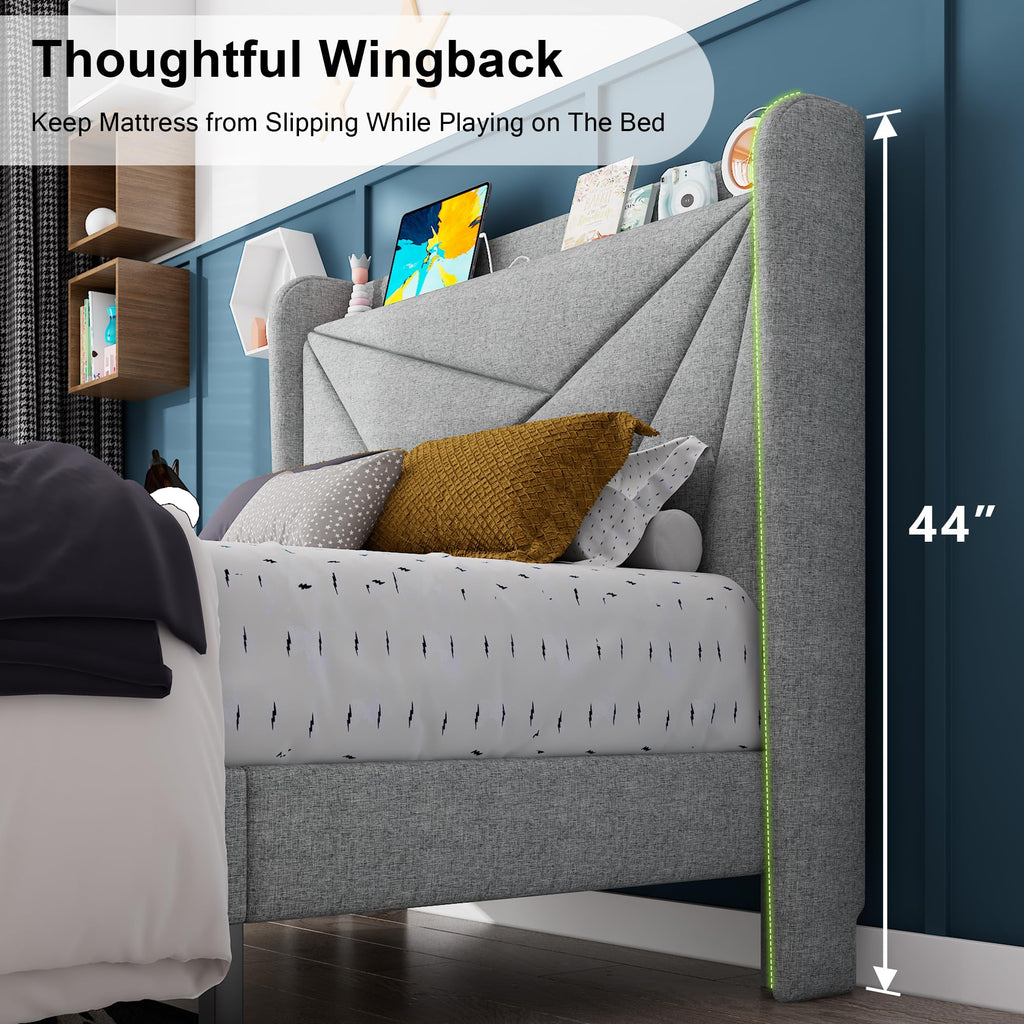 Light Gray Upholstered Twin Bed Frame with Storage Headboard T3443