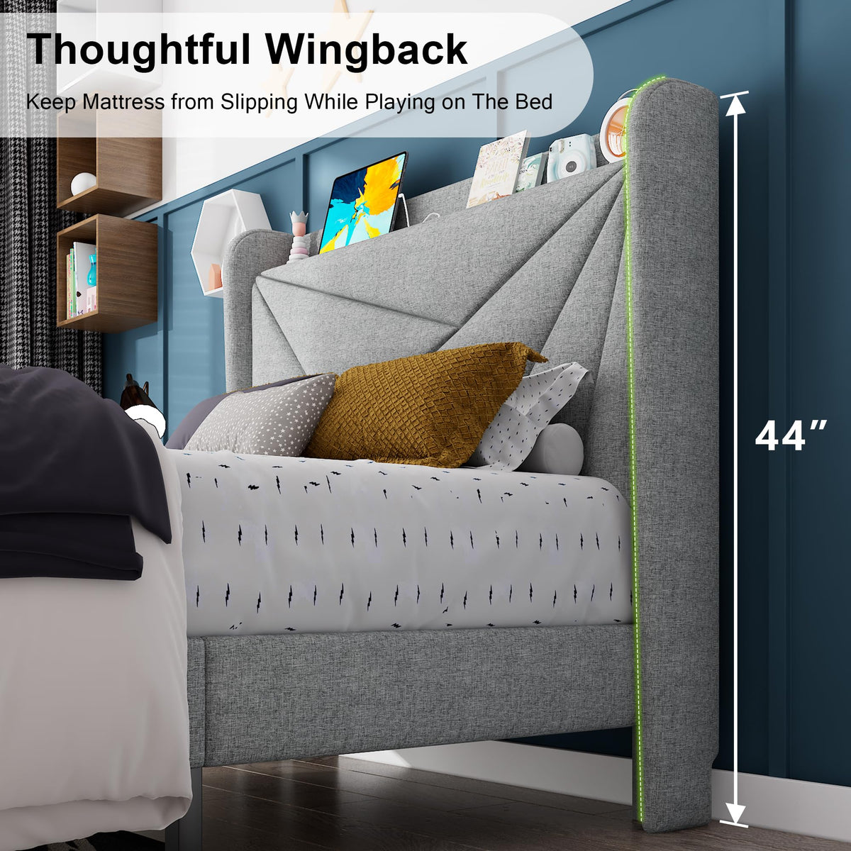 Light Gray Upholstered Twin Bed Frame with Storage Headboard T3443