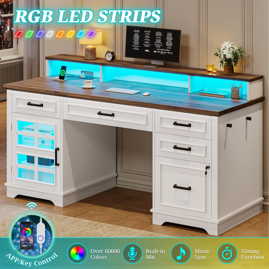White Wood Executive Desk with Drawers and Storage Cabinet I556