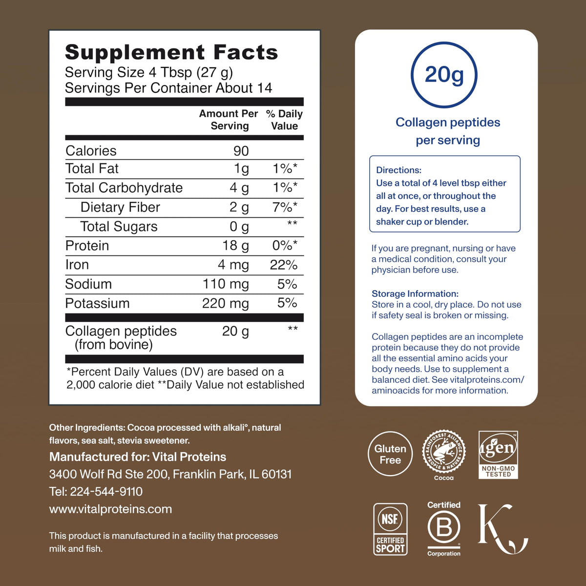 Collagen Peptides Powder, Chocolate, 13.5oz N901