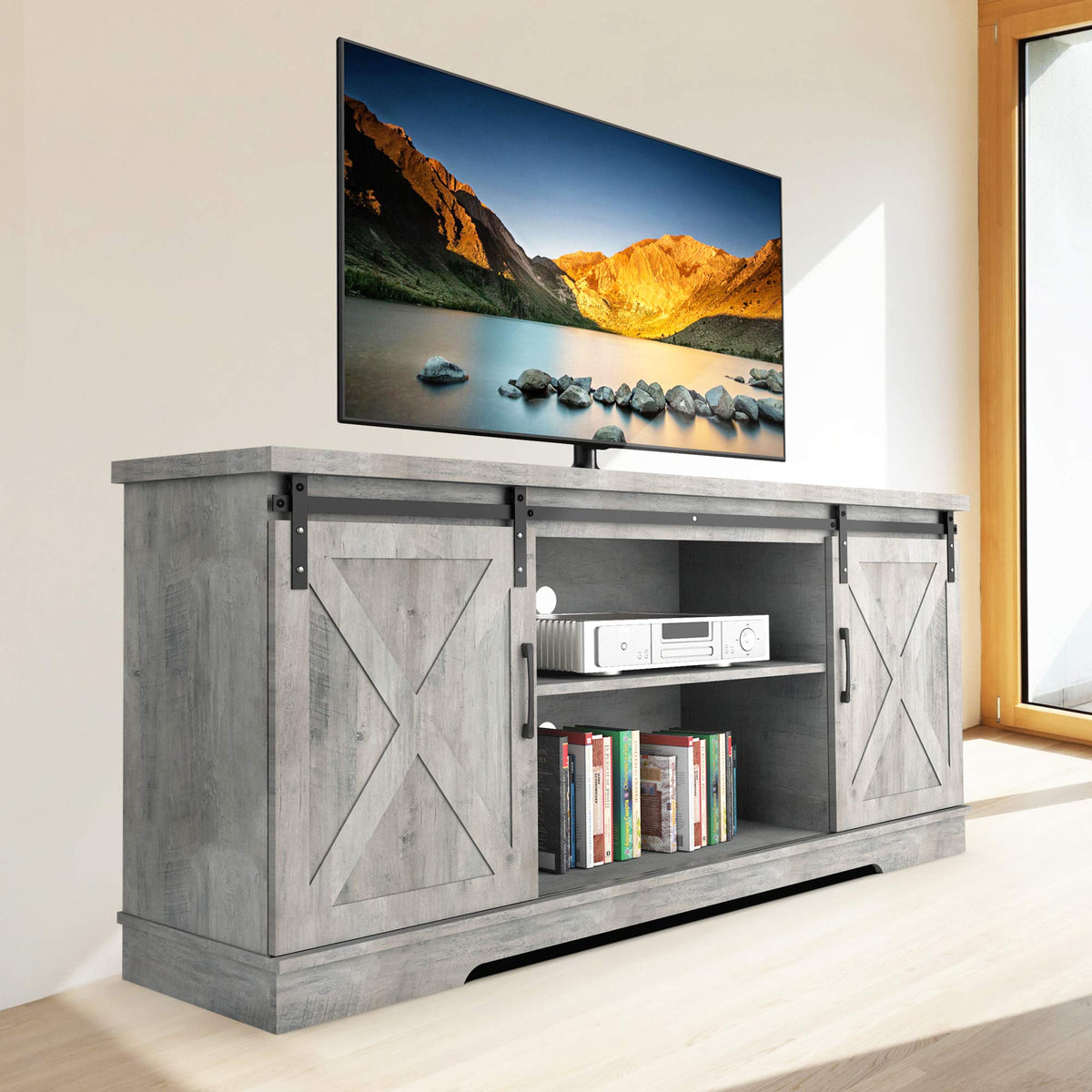65 Inch Oak TV Stand with Storage Cabinet I56783