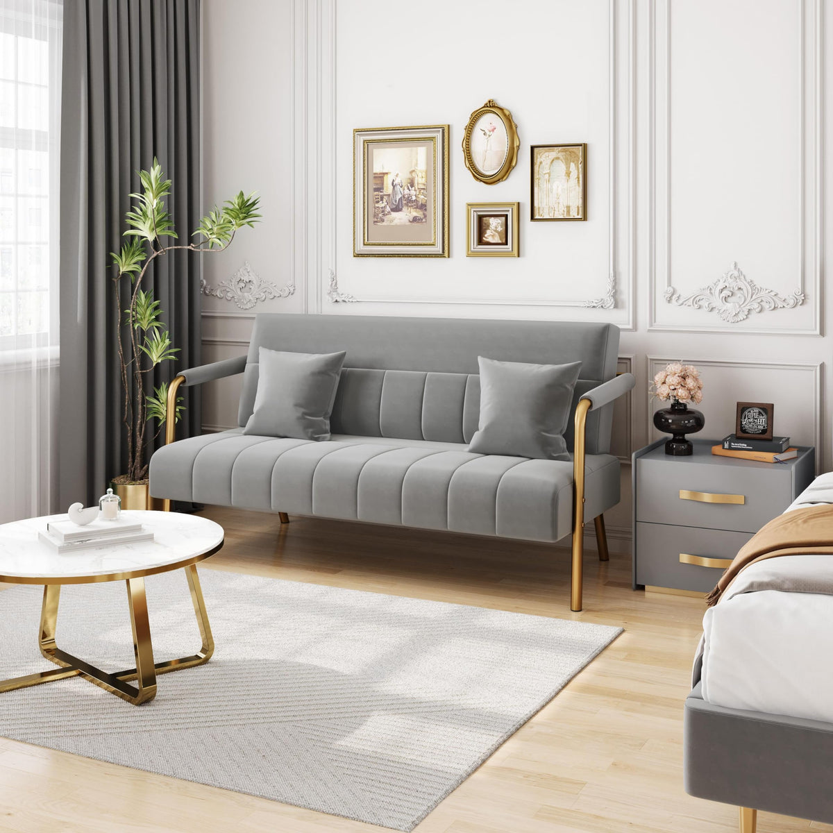 Light Gray 2 Seater Sofa with Gold-Tone Legs Y772749