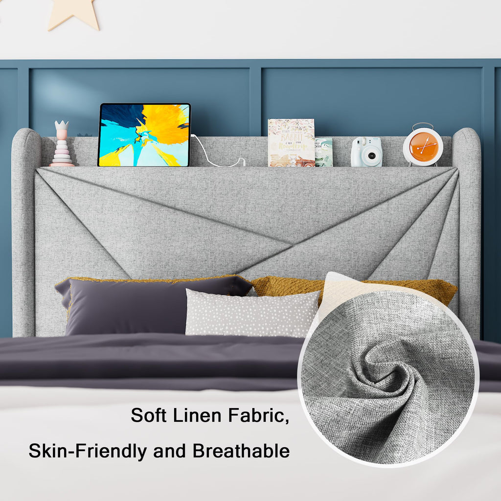 Light Gray Upholstered Twin Bed Frame with Storage Headboard T3443