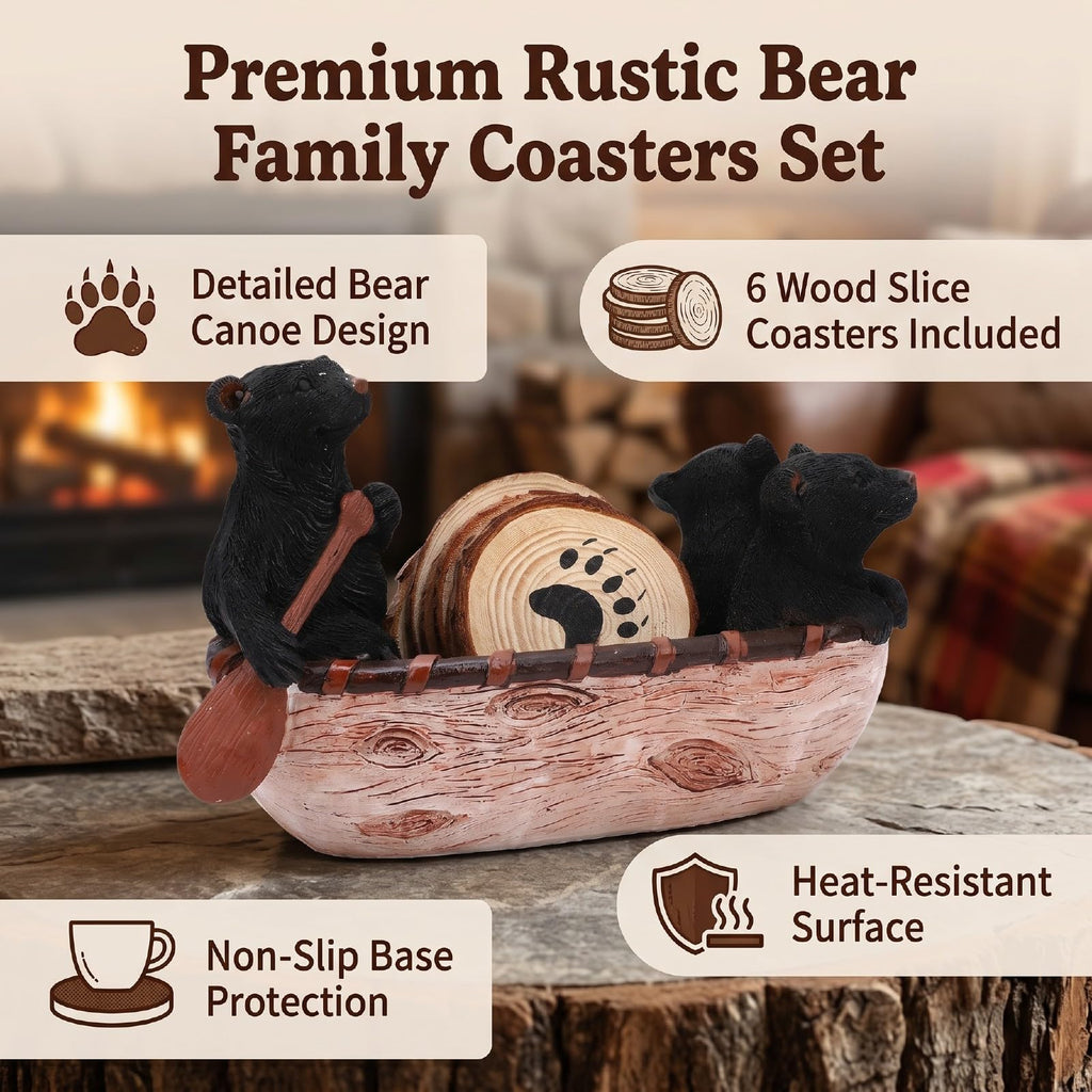 Black Bear Coaster Set with Canoe Holder S715