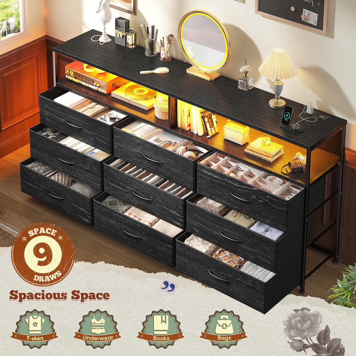55" W 9 Drawer Dresser with LED and Power Outlets F243026