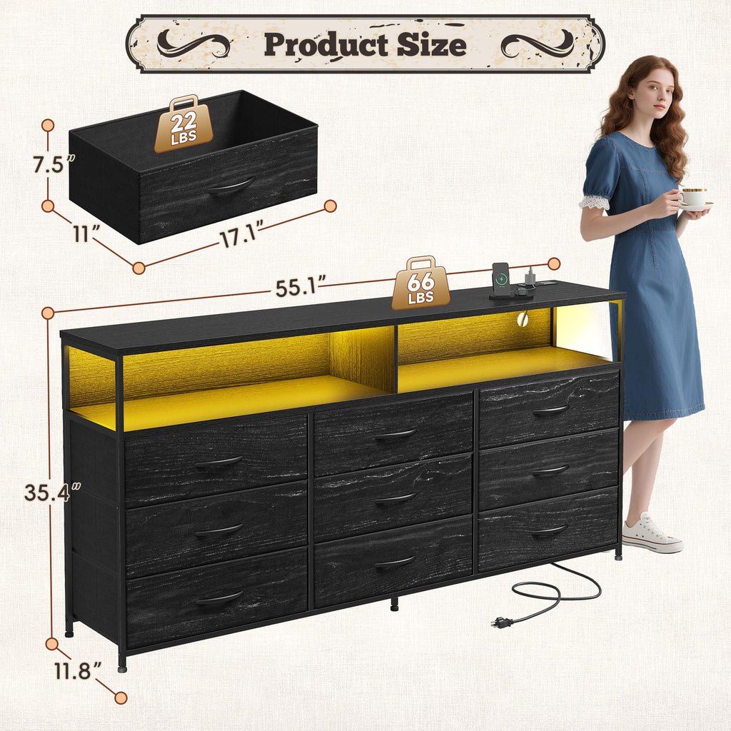55" W 9 Drawer Dresser with LED and Power Outlets F243026