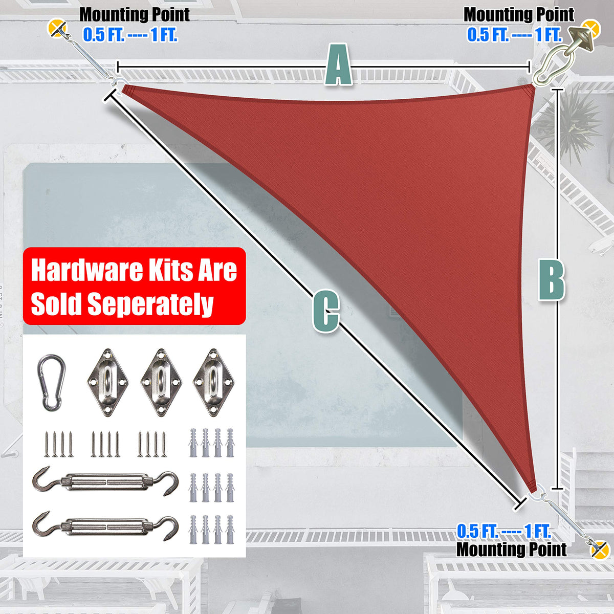 20' x 20' x 28.3' Red Triangle Sun Shade Sail Z851995