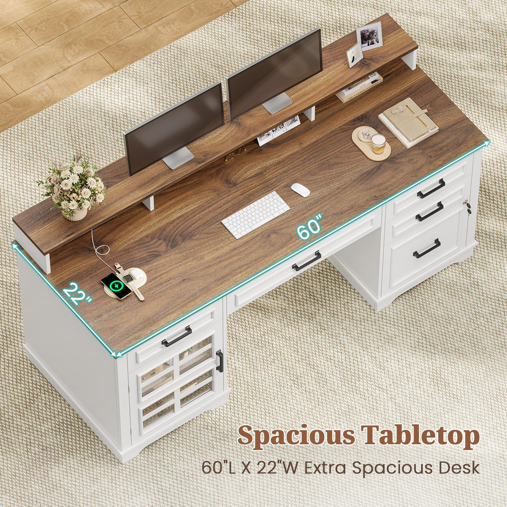White Wood Executive Desk with Drawers and Storage Cabinet I556