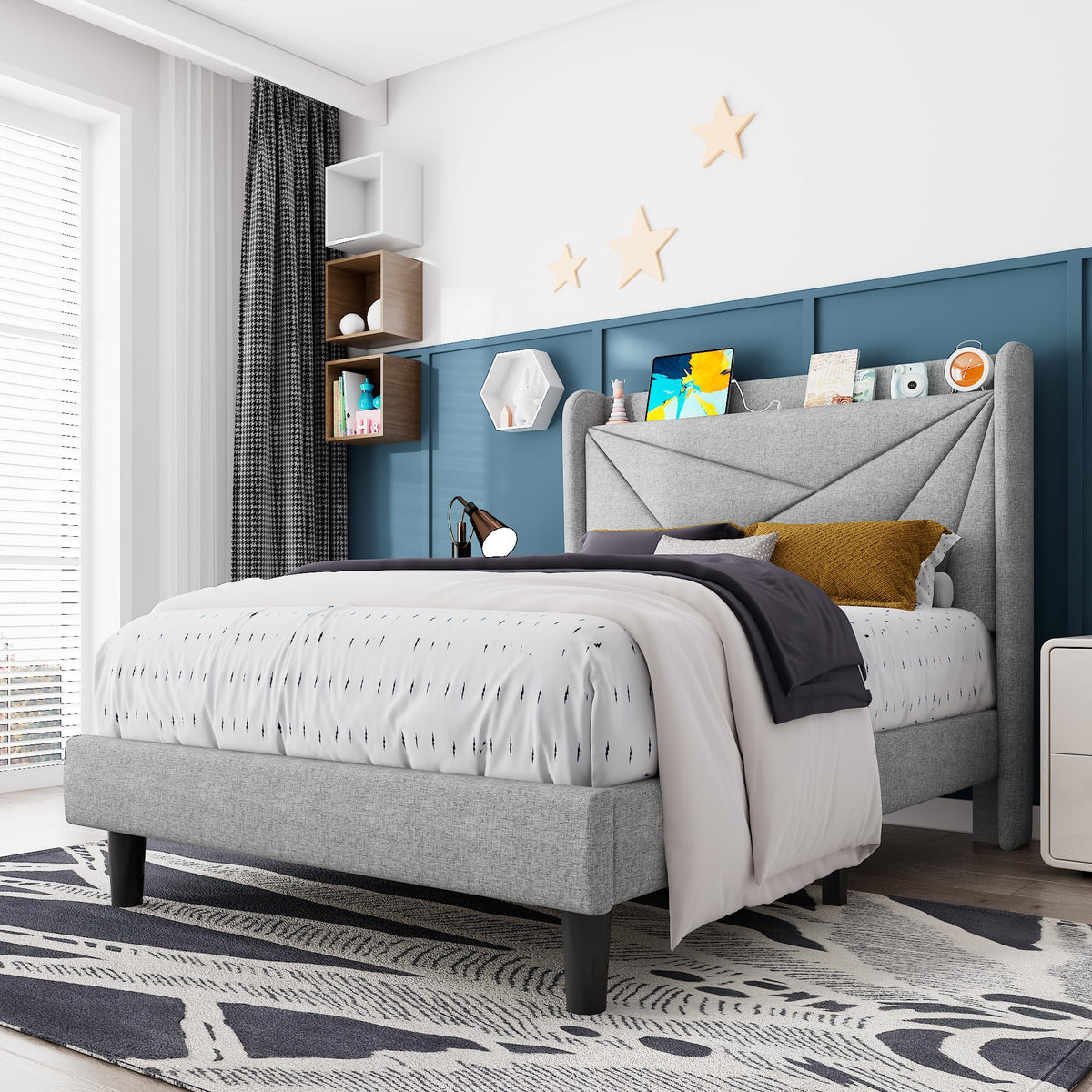 Light Gray Upholstered Twin Bed Frame with Storage Headboard T3443