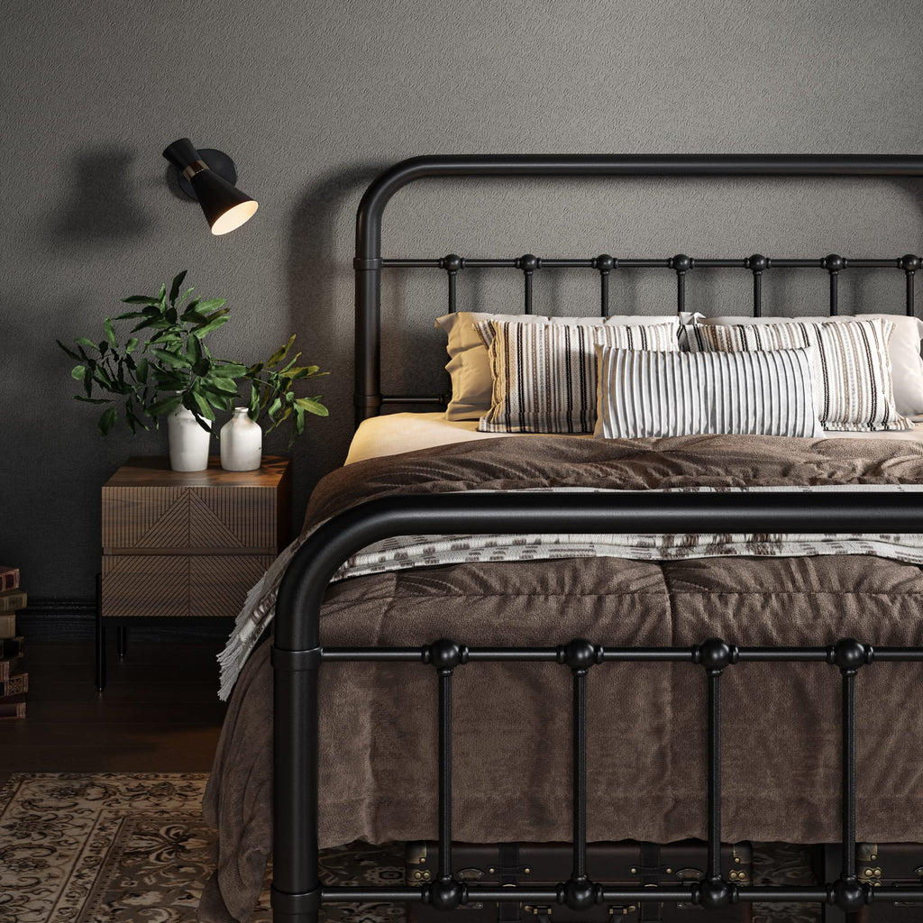 Full Metal Bed Frame with Victorian Iron-Art Headboard, Black Q9303