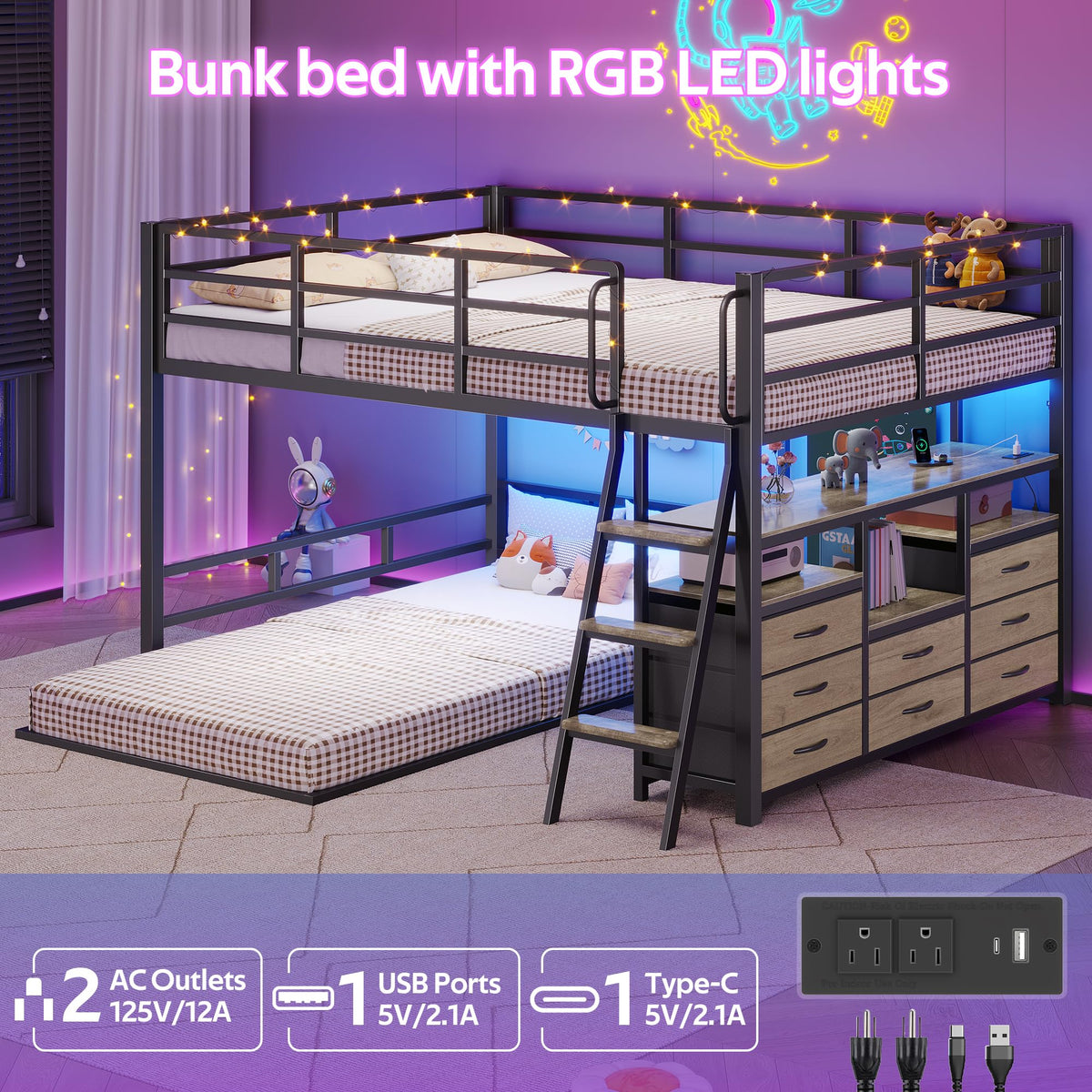 Full Over Twin Bunk Bed with 8 Drawers & 4 Shelves Y21394